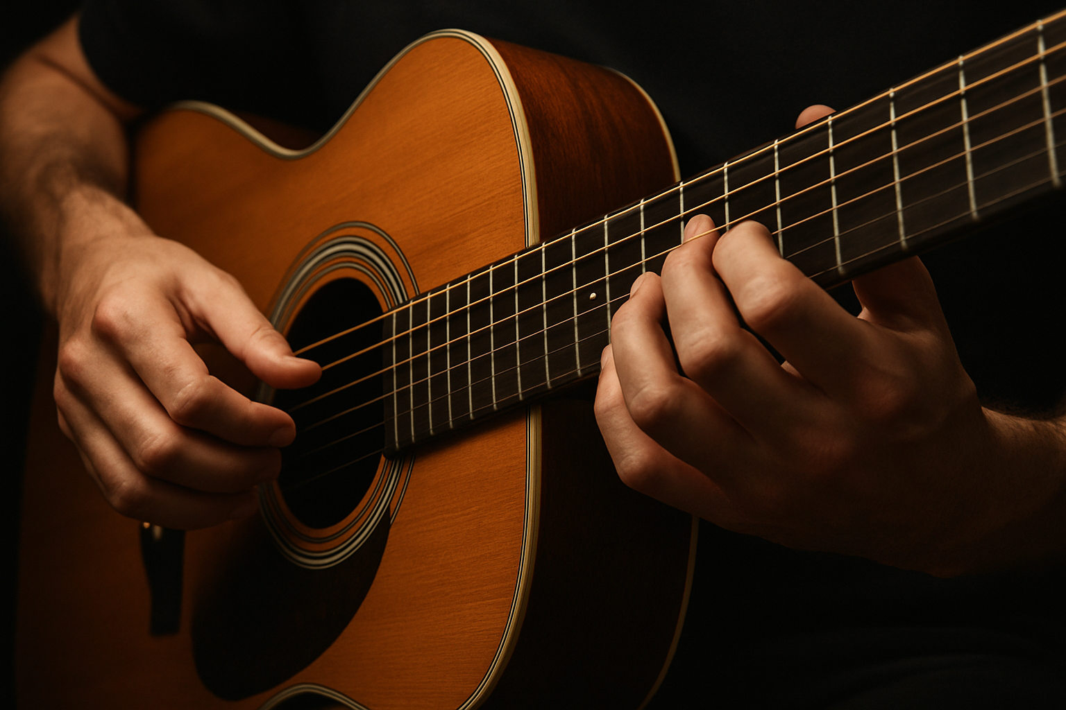 Close-up of hands playing classical guitar