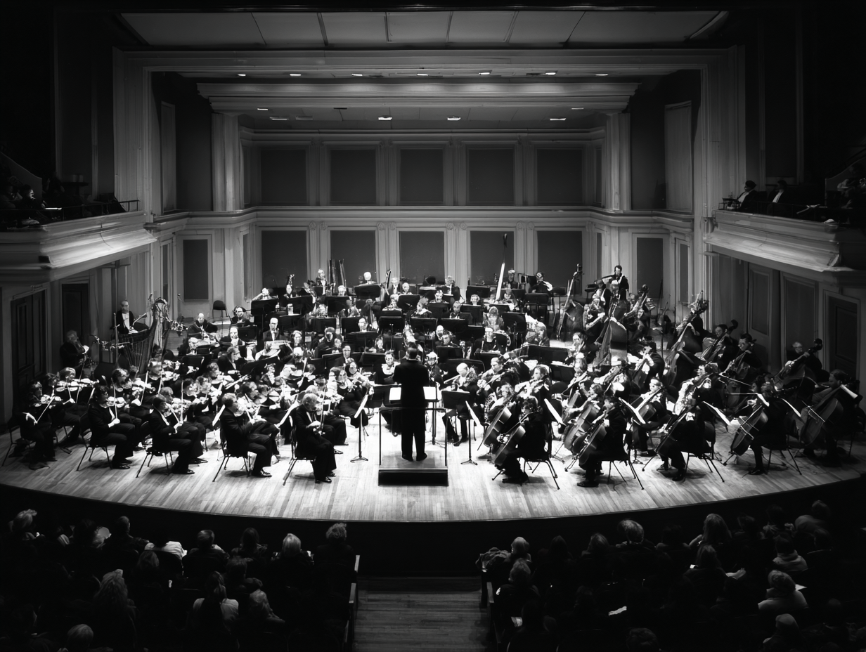 Orchestra performing, black and white